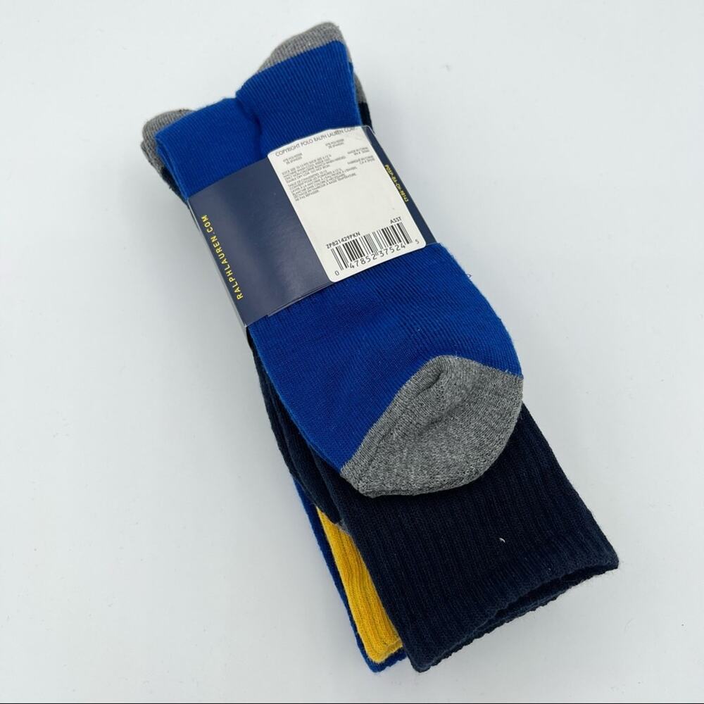 Polo Ralph Lauren Classic Sport Blue Yellow Grey 3 Pairs Crew Socks Size 10-13 - Picture 4 of 5